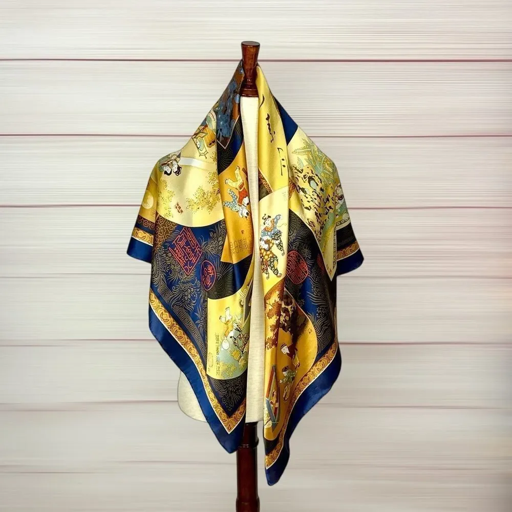 Chinese Mulberry Silk Scarf Blue Gold Calligraphy Children Scenes Nianhua Art